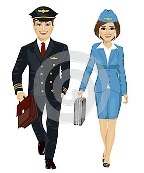 Handsome man wearing airline pilot uniform and air hostess walking with flight cases