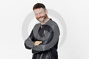 Handsome man wearing black jacket with beautiful smile posing ag