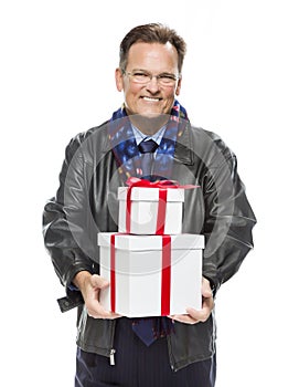 Handsome Man Wearing Black Leather Jacket Holding Christmas Gifts on Whit