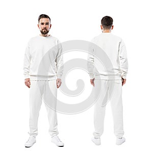 Handsome man wearing blank white clothes on white background