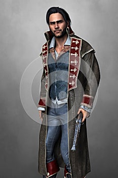 Handsome man wearing a buccaneer style long leather coat and holding a pistol