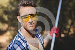 Handsome man wearing eyeglasses while using olive rake at farm