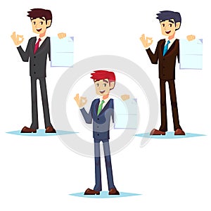 Handsome manager in formal suit holding a blank sheet and ok finger. Cartoon character set - cute businessman office
