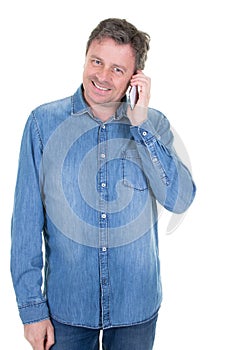 Handsome mature man with mobile phone in white background