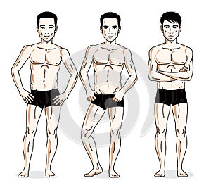 Handsome men standing in black underwear. Vector set of beautiful people illustrations.