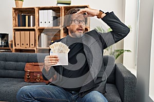 Handsome middle age man at consultation office holding dkk banknotes stressed and frustrated with hand on head, surprised and
