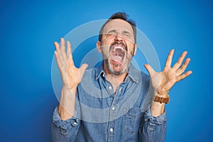 Handsome middle age senior man with grey hair over isolated blue background celebrating mad and crazy for success with arms raised