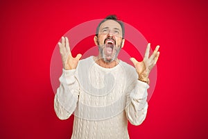 Handsome middle age senior man with grey hair over isolated red background crazy and mad shouting and yelling with aggressive