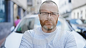 Handsome middle-aged caucasian man with beard, standing seriously by his car outdoors in the city streets, ready for an urban