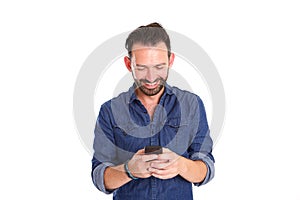 Handsome middle aged guy reading text message on cellphone