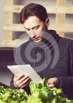 Handsome modern grower using his tablet while growing plants ind