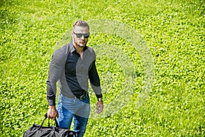 Handsome Muscular Hunk Man Outdoor in City Park