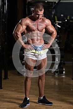 Handsome Muscular Man Flexing Muscles In Gym