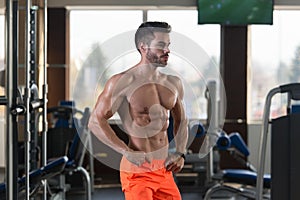 Handsome Muscular Man Flexing Muscles In Gym