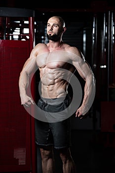 Handsome Muscular Man Flexing Muscles In Gym