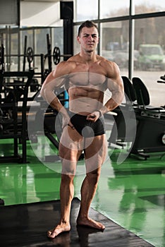 Handsome Muscular Man Flexing Muscles In Gym