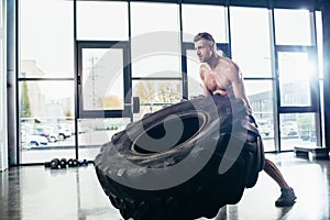 handsome muscular sportsman lifting tire photo