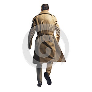 Handsome mysterious man walking away. wearing a brown leather trench coat. Noir vintage sin city private detective. PNG file