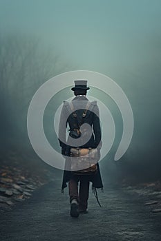 handsome mysterious steampunk figure wearing a top hat.