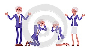 Handsome old man, woman, elderly businesspeople in elegant suit, knelt