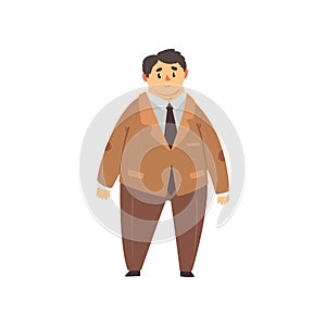 Handsome overweight man dressed brown suit, fat guy in fashionable clothes, body positive vector Illustration on a white