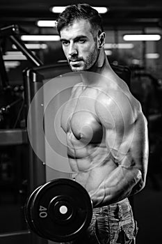 Handsome power athletic man on diet training pumping up muscles
