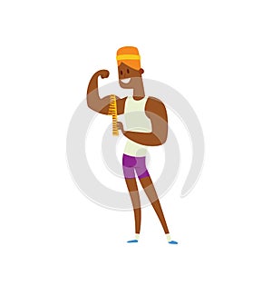 Handsome power athletic man in training pumping up muscles with dumbbell vector.