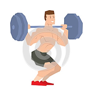 Handsome power athletic man in training pumping up muscles with dumbbell vector.