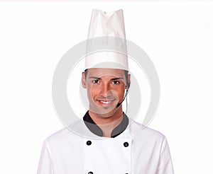 Handsome professional chef guy with headphones