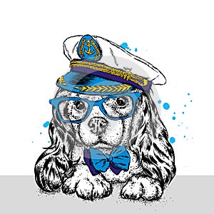 A handsome puppy in a cap, glasses and a tie. A pedigree dog in the captain`s costume of a ship. Vector illustration.