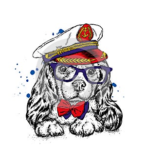 A handsome puppy in a cap, glasses and a tie. A pedigree dog in the captain`s costume of a ship. Vector illustration.