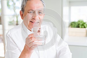 Handsome senior man holding a fresh glass of water and smiling