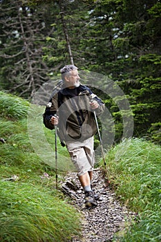 Handsome senior man nordic walking photo