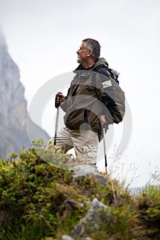 Handsome senior man nordic walking photo