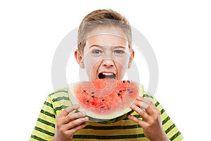 Handsome smiling child boy holding red watermelon fruit slice