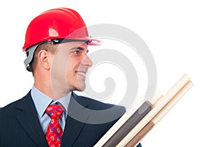 Handsome smiling engineer with hard hat on his hea