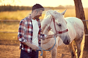 Handsome smiling man leading his white horse . Fun on countryside, sunset golden hour. Freedom nature concept