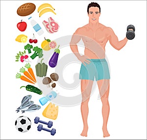 Handsome sport Health man. Lifestyle infographic vector illustration with icons.