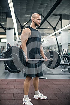 Handsome strong athletic fitness men pumping up arm muscles workout barbell curl fitness concept background - muscular bodybuilder