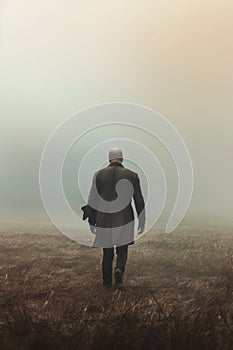 handsome strong shaved head man walking away in a dry barren landscape with foggy background.