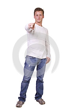 Handsome and stylish young man pointing finger