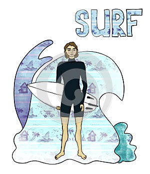 A handsome surfer with a shortboard and waves in the background with washi tape texture. photo