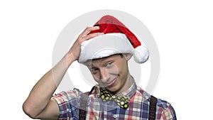 Handsome teen boy in Christmas hat.