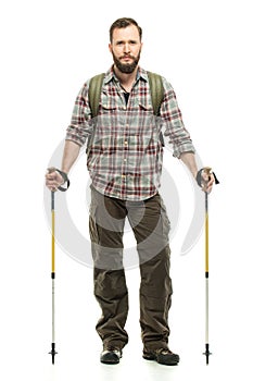 Handsome traveler with hiking poles