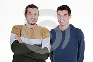 Handsome two men young brother boys shot of 2 friends standing in white background