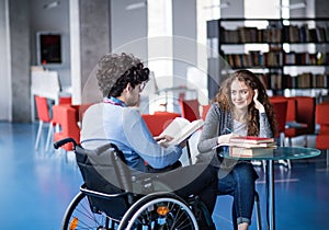 Handsome university student in wheelchair studying in library with classmate, preparing for final exam, presentation