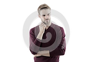 Handsome unshaven man isolated on white. man wear purple jumper. male beauty standards. autumn fashion for men
