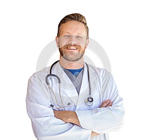 Handsome Young Adult Male Doctor With Beard Isolated On White