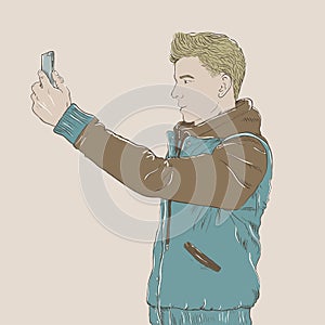 Handsome young adult man taking selfie. Hand drawing sketch style. Boy fashion self portrait photo with phone