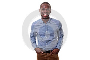 Handsome young african american man smiling by white background